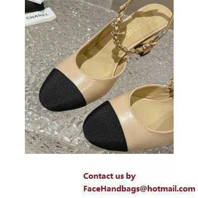 Chanel Heel 6.5cm Chain Lambskin Grosgrain  &  Metal Pumps Slingbacks G45092 Beige/Black 2023